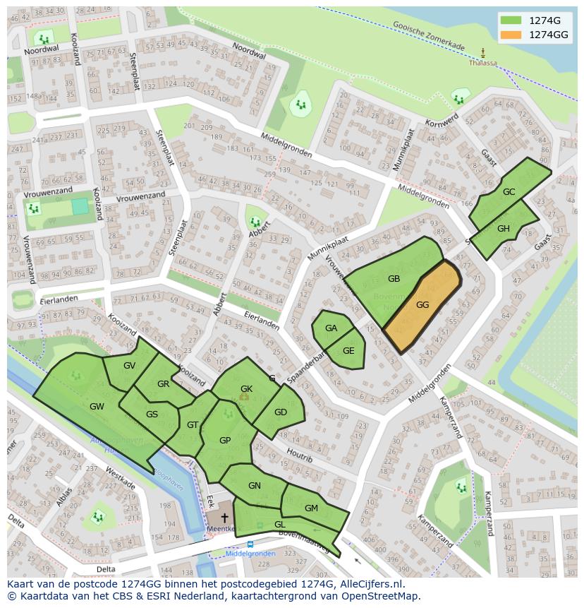 Afbeelding van het postcodegebied 1274 GG op de kaart.