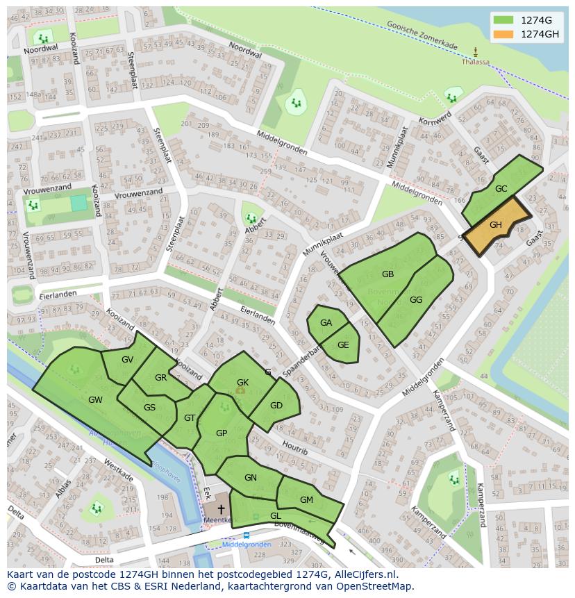 Afbeelding van het postcodegebied 1274 GH op de kaart.