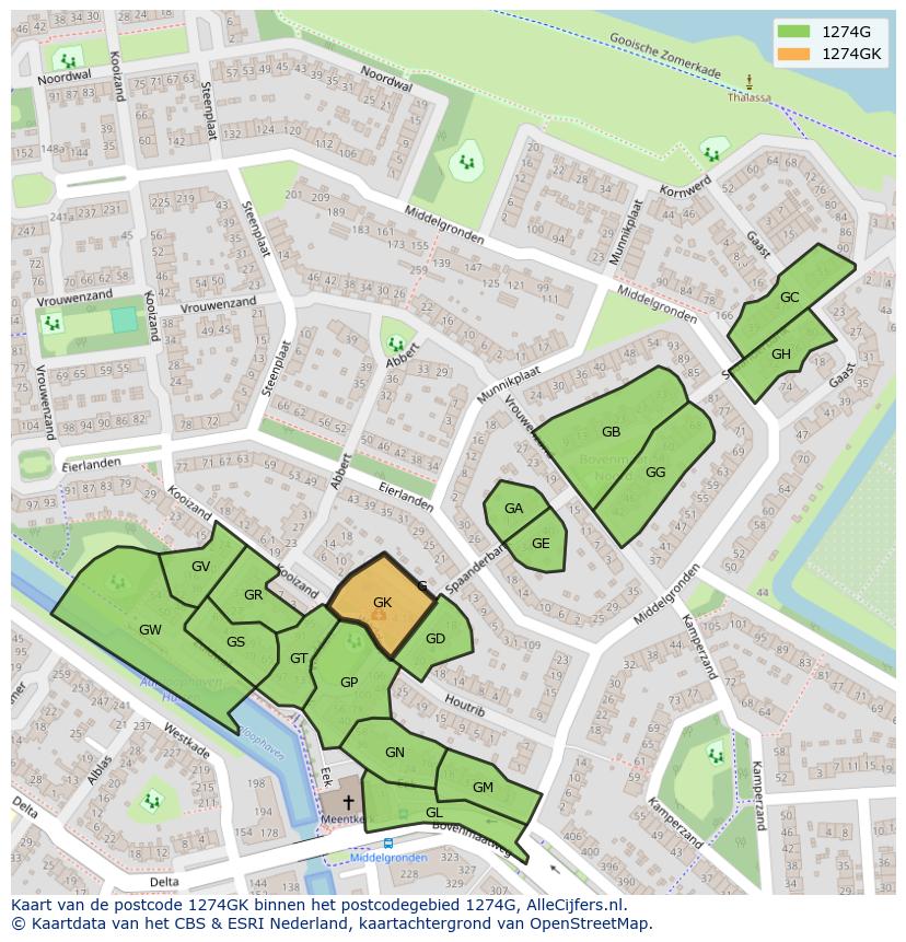 Afbeelding van het postcodegebied 1274 GK op de kaart.