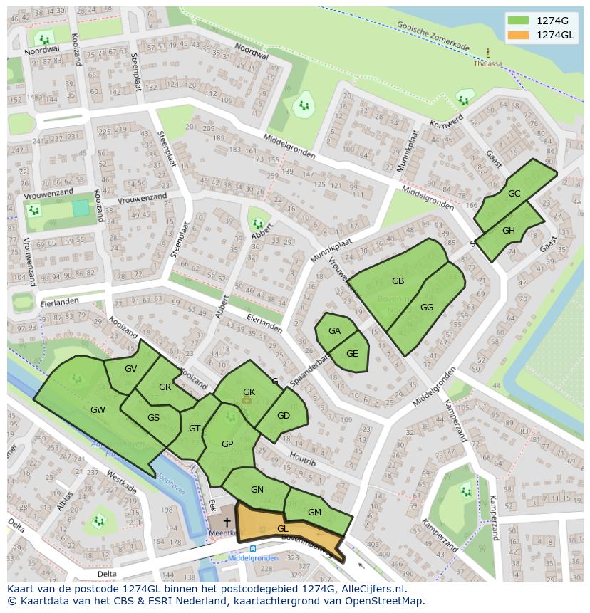 Afbeelding van het postcodegebied 1274 GL op de kaart.