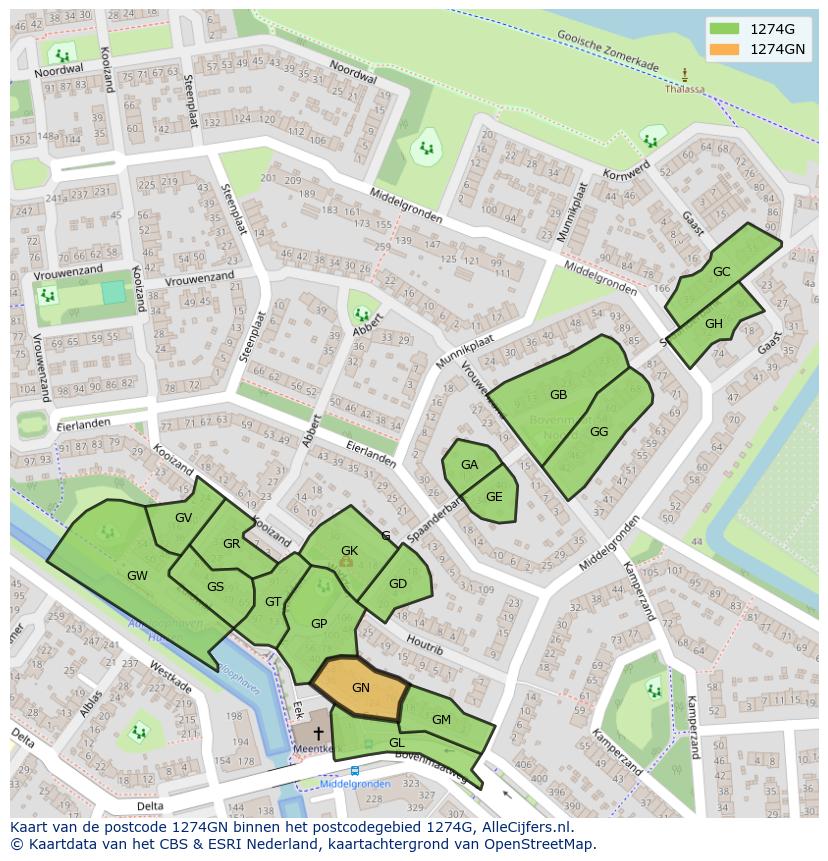 Afbeelding van het postcodegebied 1274 GN op de kaart.