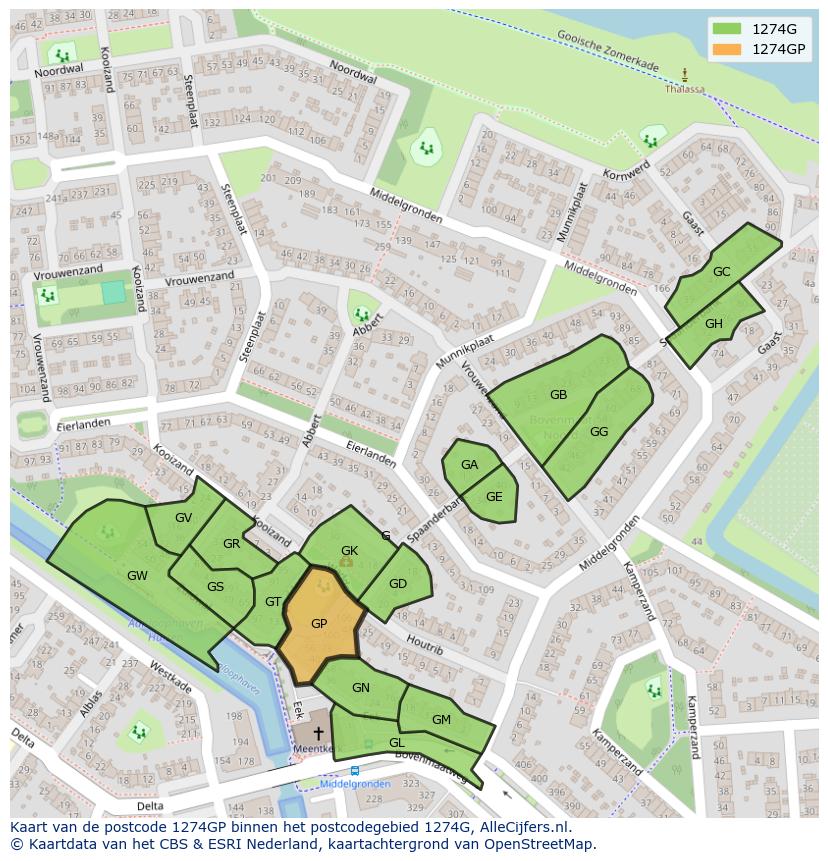 Afbeelding van het postcodegebied 1274 GP op de kaart.
