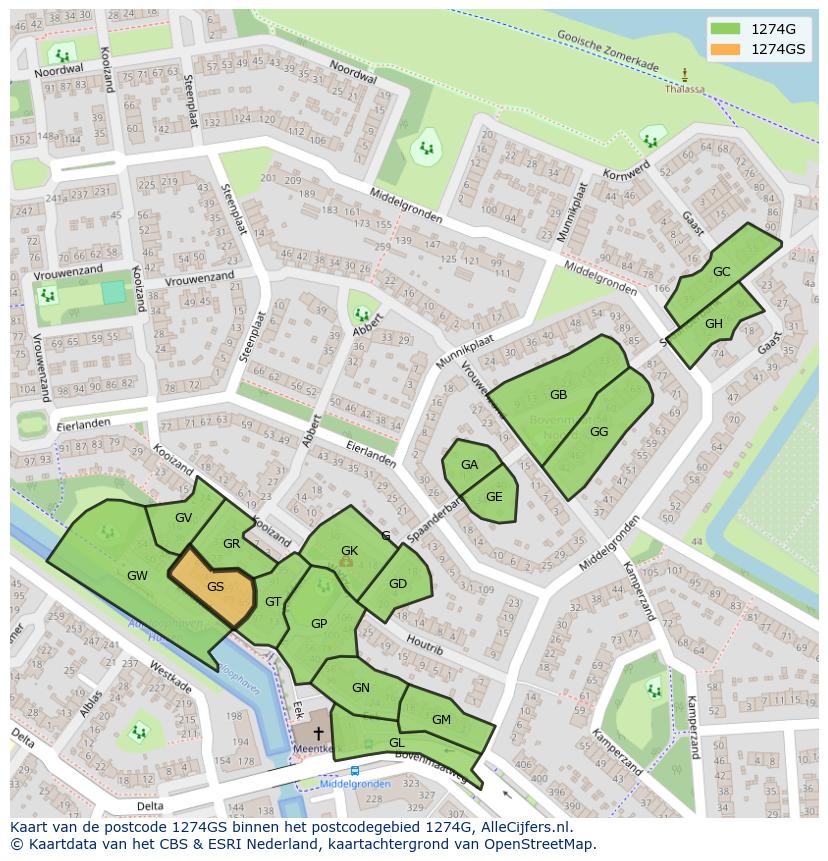 Afbeelding van het postcodegebied 1274 GS op de kaart.