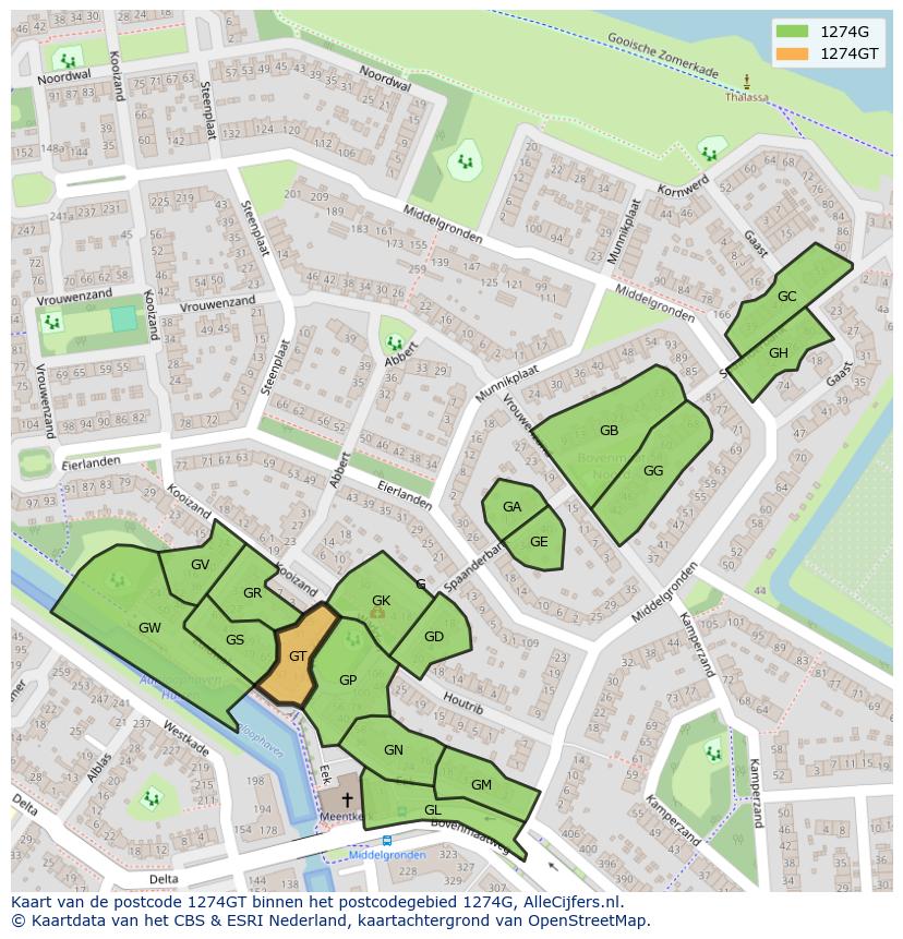 Afbeelding van het postcodegebied 1274 GT op de kaart.