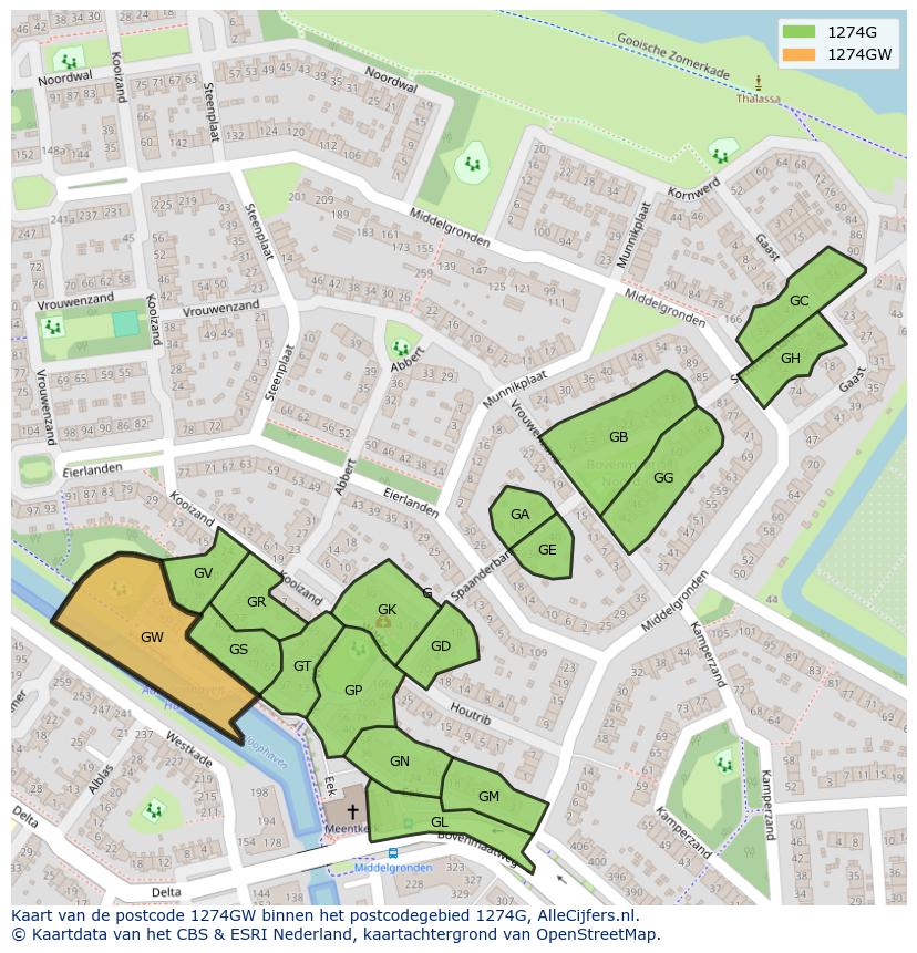 Afbeelding van het postcodegebied 1274 GW op de kaart.