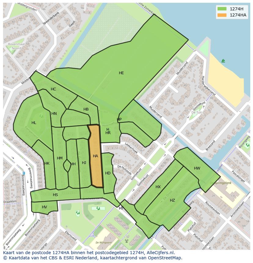 Afbeelding van het postcodegebied 1274 HA op de kaart.