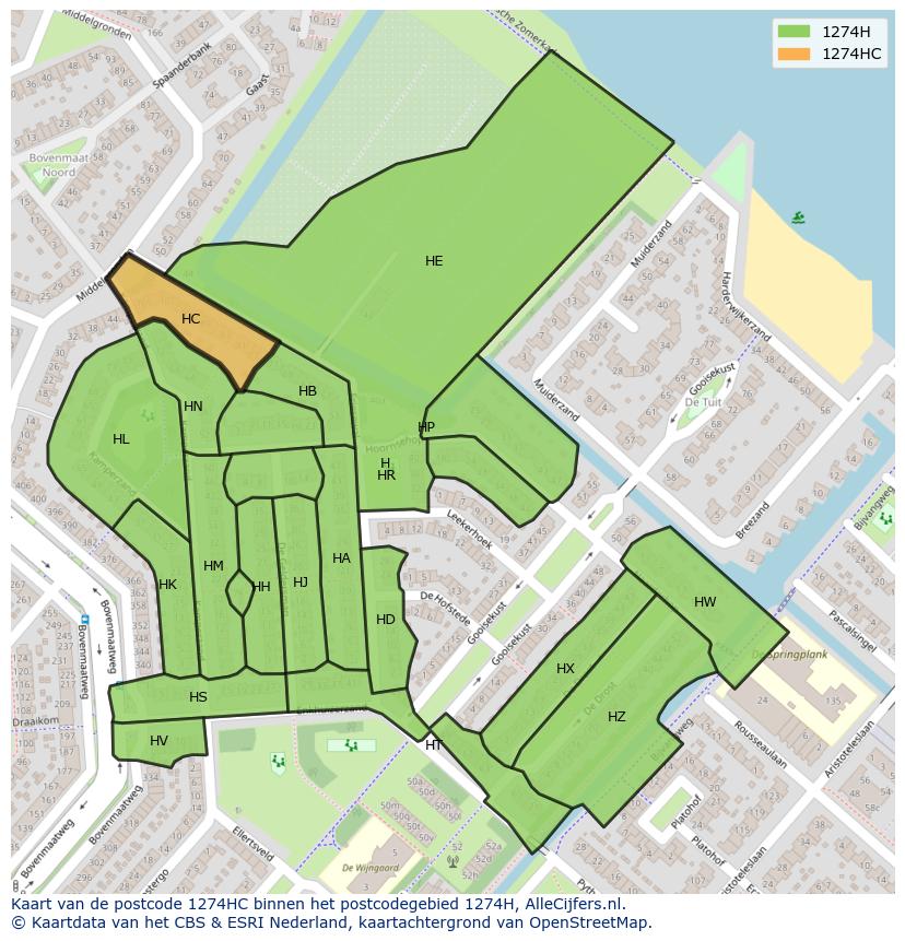 Afbeelding van het postcodegebied 1274 HC op de kaart.