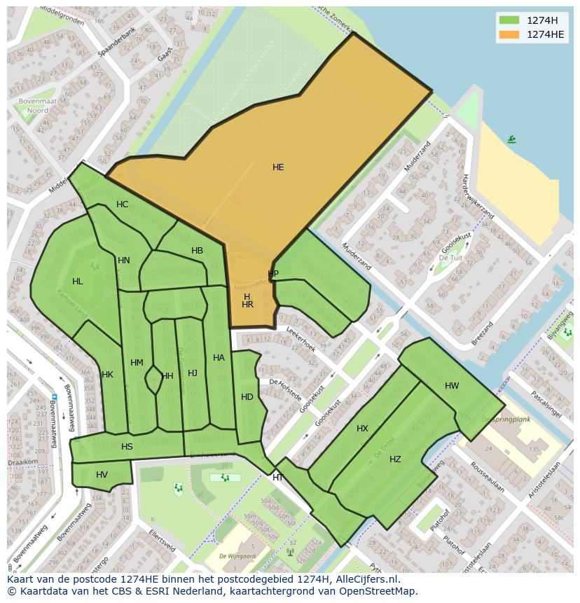 Afbeelding van het postcodegebied 1274 HE op de kaart.