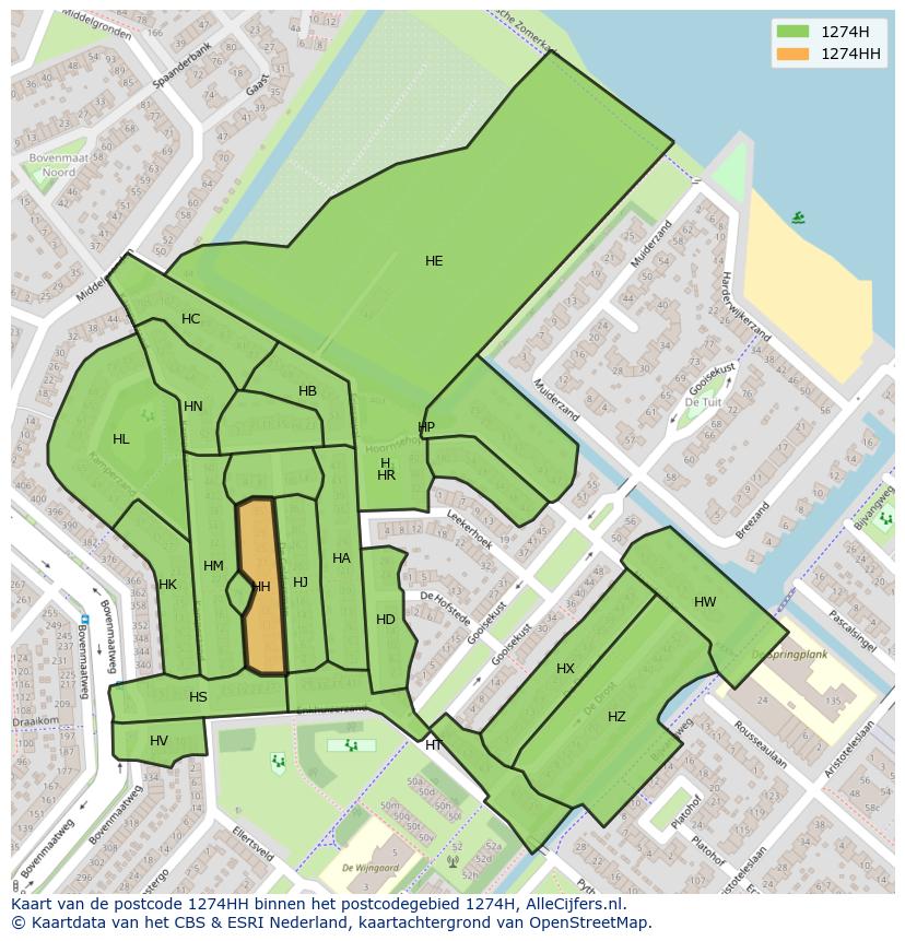 Afbeelding van het postcodegebied 1274 HH op de kaart.
