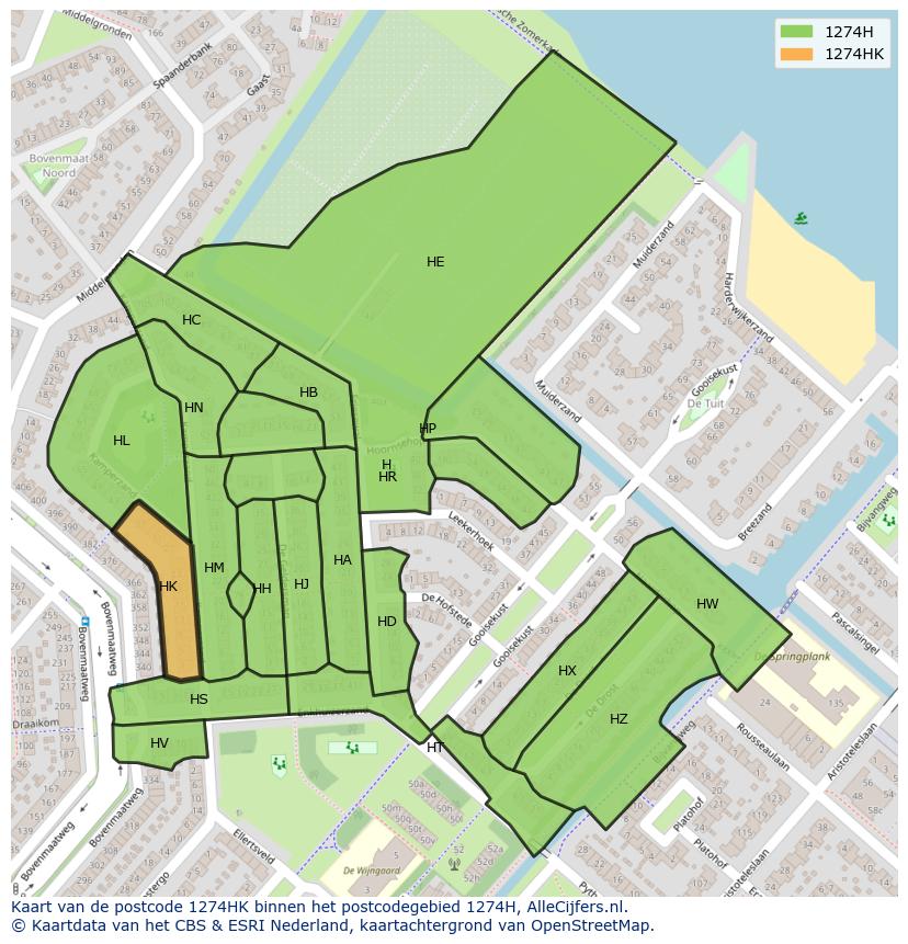 Afbeelding van het postcodegebied 1274 HK op de kaart.