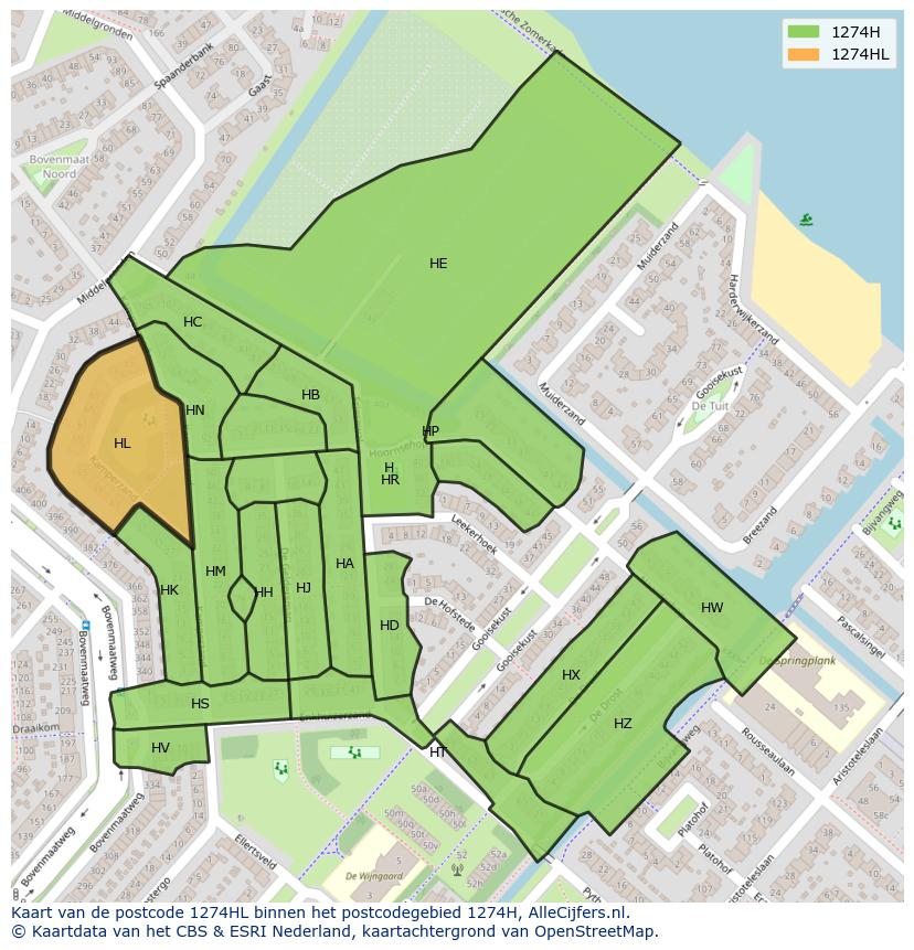 Afbeelding van het postcodegebied 1274 HL op de kaart.