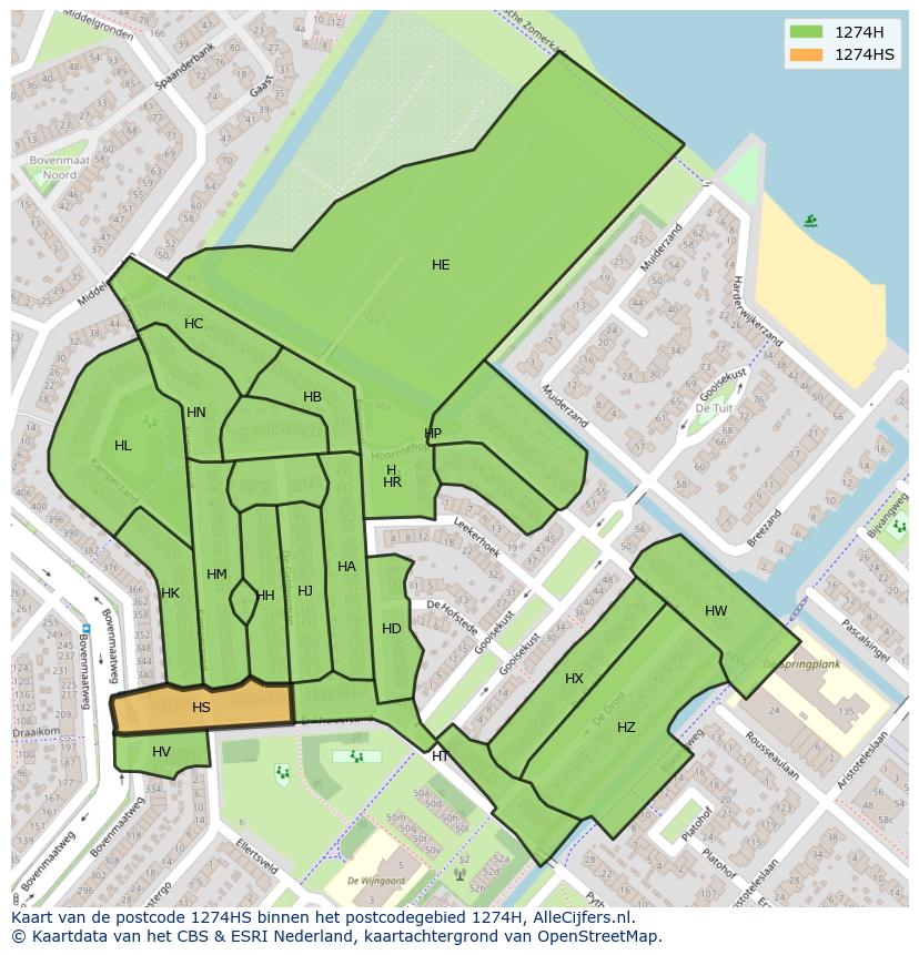 Afbeelding van het postcodegebied 1274 HS op de kaart.