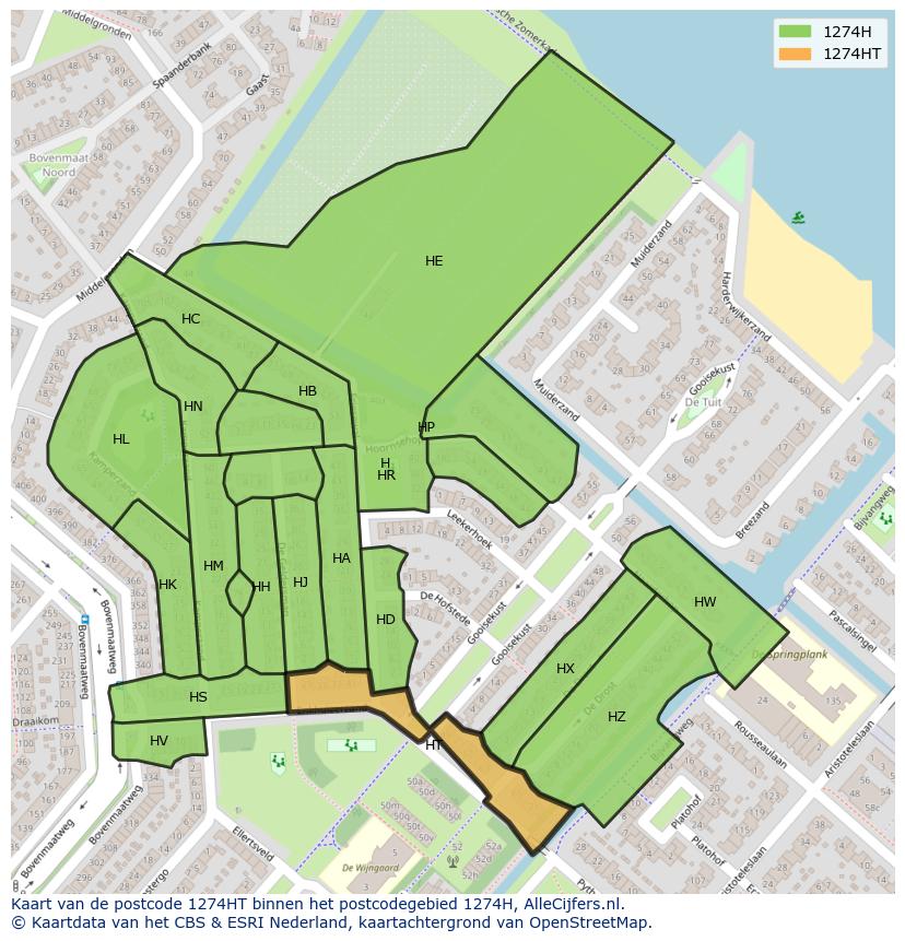 Afbeelding van het postcodegebied 1274 HT op de kaart.