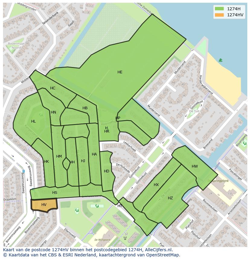 Afbeelding van het postcodegebied 1274 HV op de kaart.