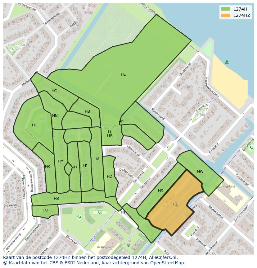 Afbeelding van het postcodegebied 1274 HZ op de kaart.