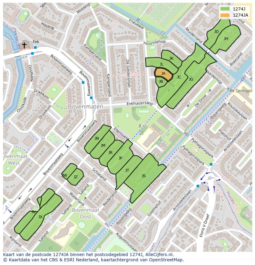 Afbeelding van het postcodegebied 1274 JA op de kaart.