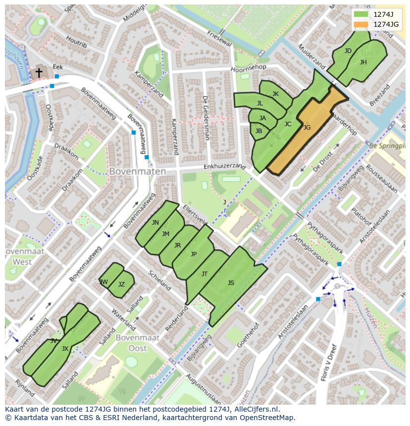 Afbeelding van het postcodegebied 1274 JG op de kaart.