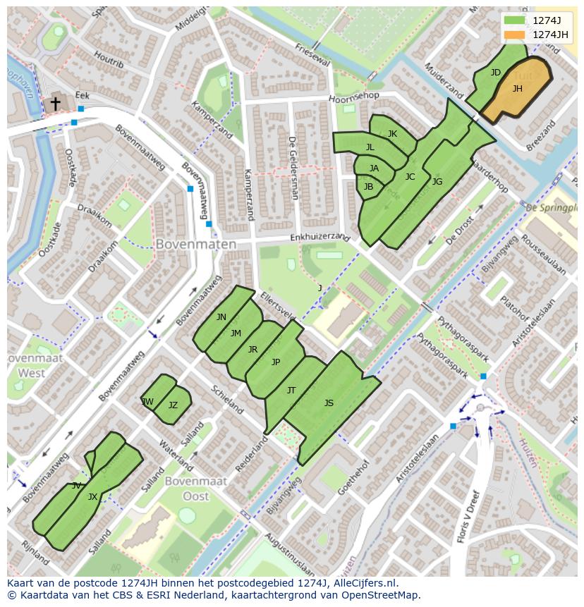 Afbeelding van het postcodegebied 1274 JH op de kaart.