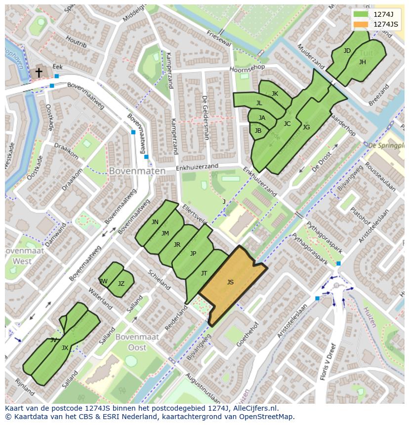 Afbeelding van het postcodegebied 1274 JS op de kaart.