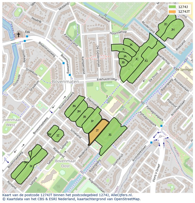 Afbeelding van het postcodegebied 1274 JT op de kaart.