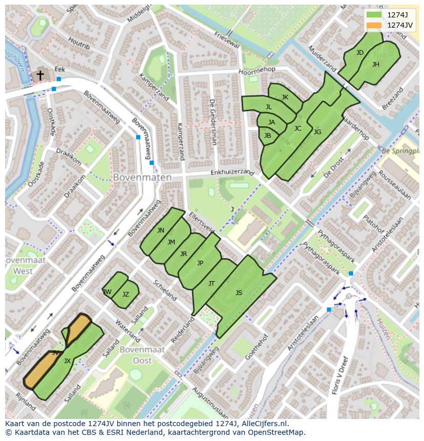 Afbeelding van het postcodegebied 1274 JV op de kaart.