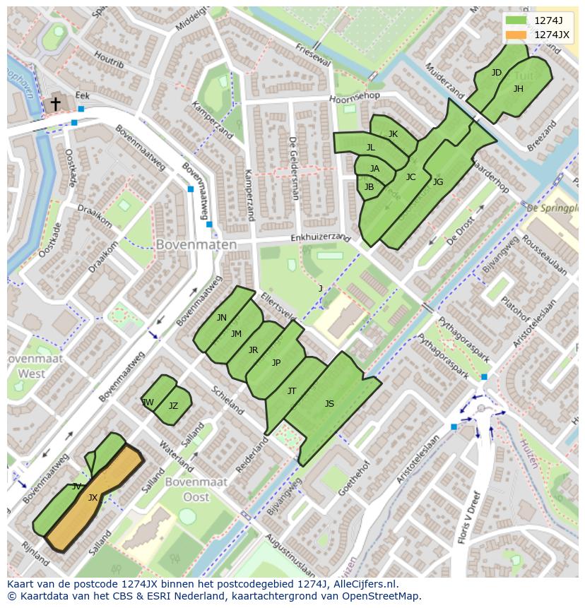 Afbeelding van het postcodegebied 1274 JX op de kaart.