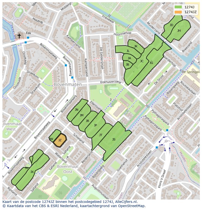 Afbeelding van het postcodegebied 1274 JZ op de kaart.