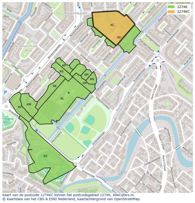 Afbeelding van het postcodegebied 1274 KC op de kaart.