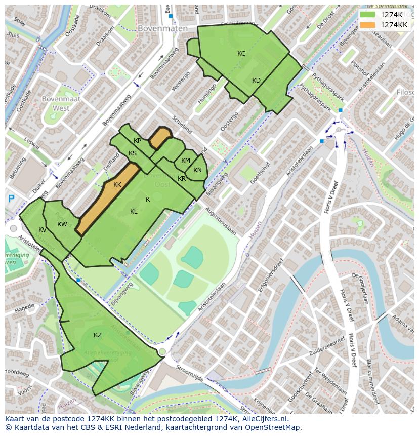 Afbeelding van het postcodegebied 1274 KK op de kaart.