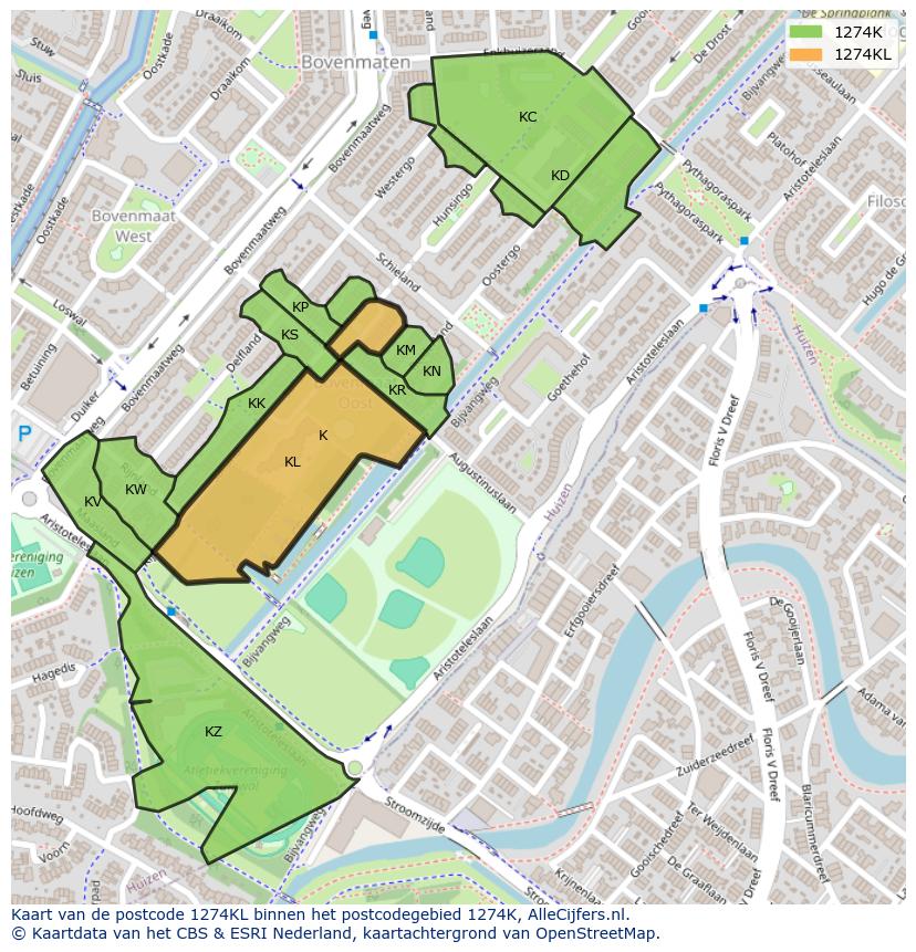 Afbeelding van het postcodegebied 1274 KL op de kaart.