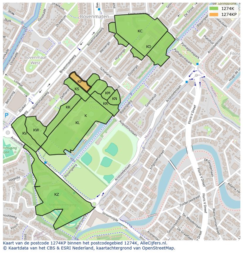 Afbeelding van het postcodegebied 1274 KP op de kaart.