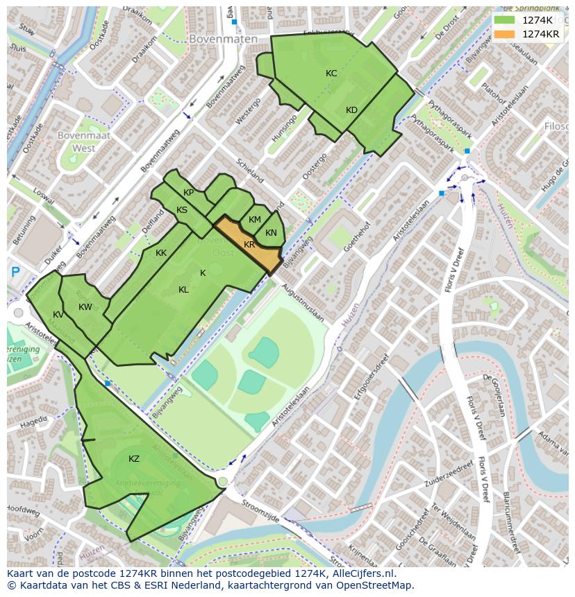 Afbeelding van het postcodegebied 1274 KR op de kaart.