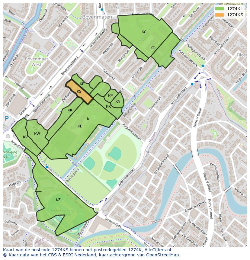 Afbeelding van het postcodegebied 1274 KS op de kaart.