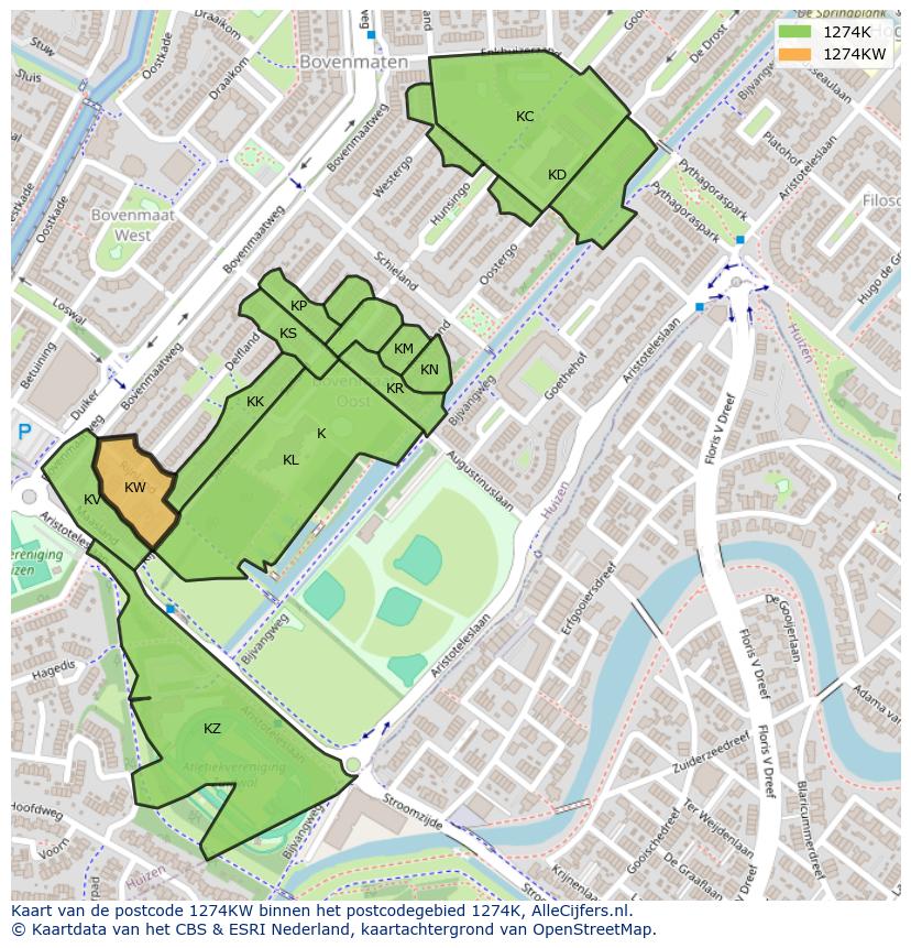 Afbeelding van het postcodegebied 1274 KW op de kaart.