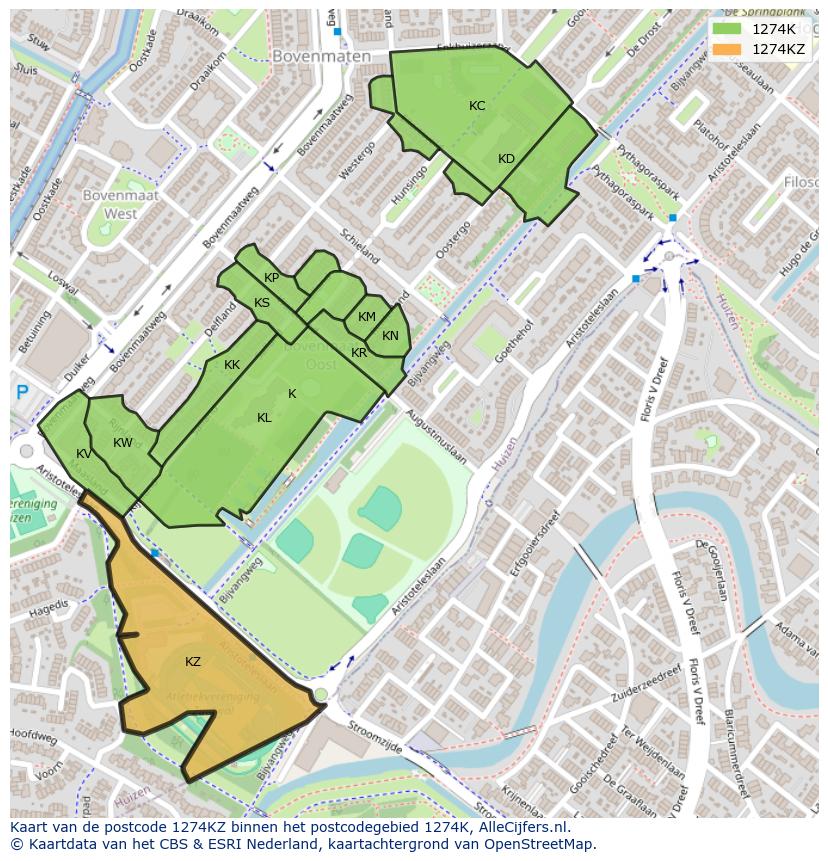 Afbeelding van het postcodegebied 1274 KZ op de kaart.