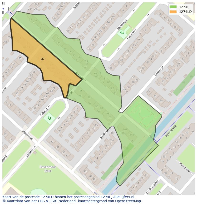 Afbeelding van het postcodegebied 1274 LD op de kaart.