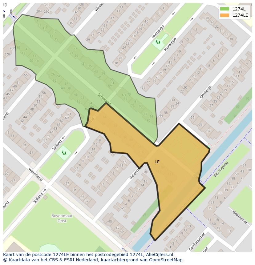 Afbeelding van het postcodegebied 1274 LE op de kaart.