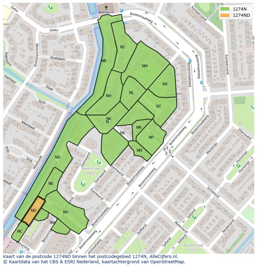 Afbeelding van het postcodegebied 1274 ND op de kaart.