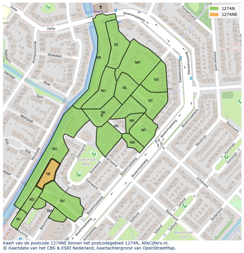 Afbeelding van het postcodegebied 1274 NE op de kaart.