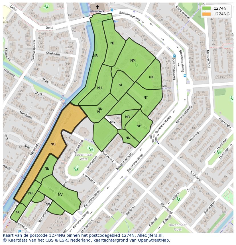 Afbeelding van het postcodegebied 1274 NG op de kaart.