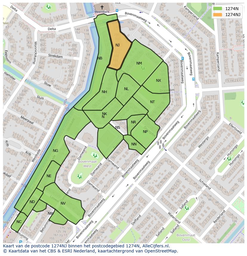 Afbeelding van het postcodegebied 1274 NJ op de kaart.