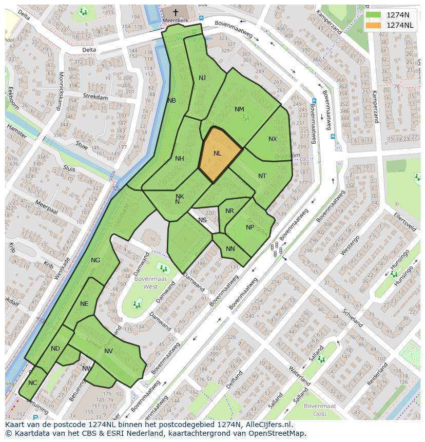 Afbeelding van het postcodegebied 1274 NL op de kaart.