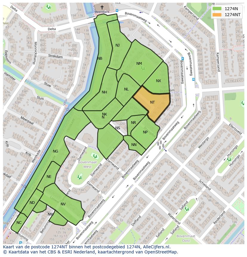 Afbeelding van het postcodegebied 1274 NT op de kaart.