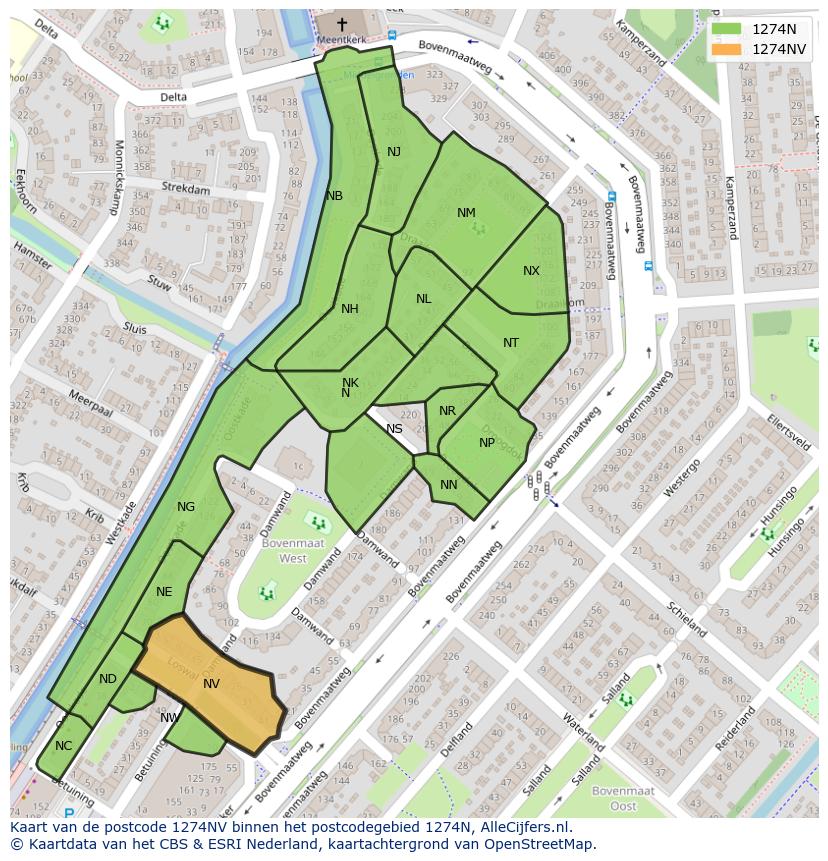 Afbeelding van het postcodegebied 1274 NV op de kaart.