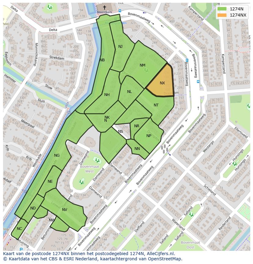 Afbeelding van het postcodegebied 1274 NX op de kaart.