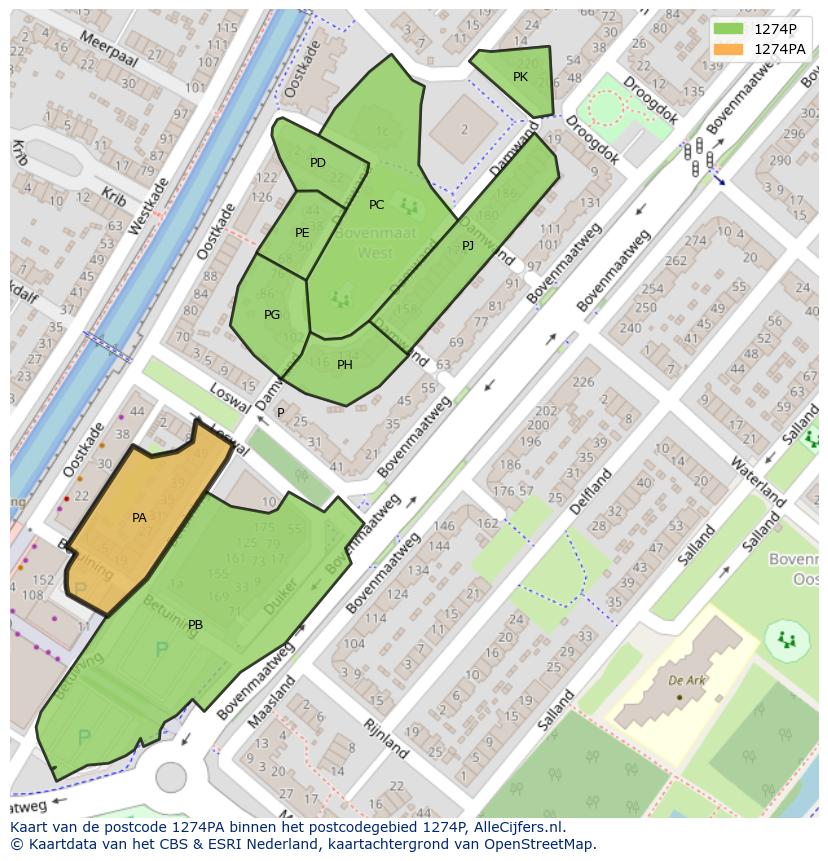 Afbeelding van het postcodegebied 1274 PA op de kaart.