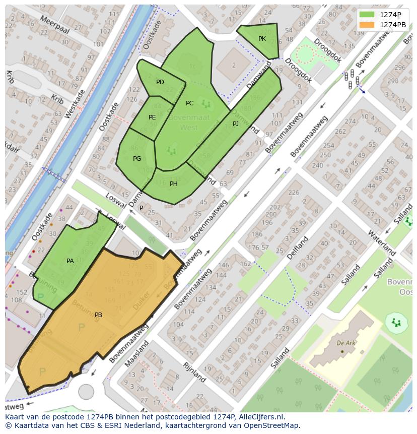 Afbeelding van het postcodegebied 1274 PB op de kaart.