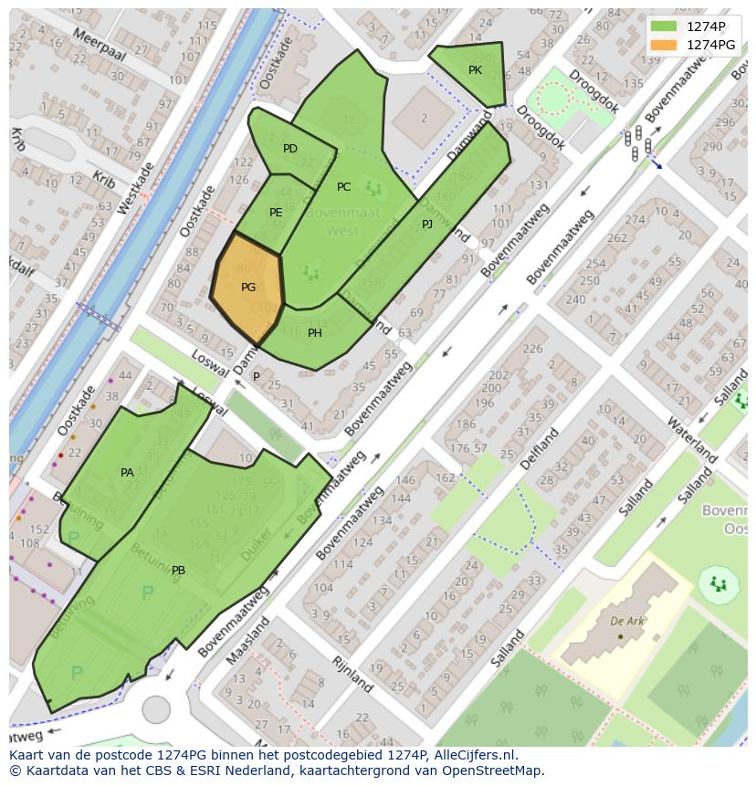 Afbeelding van het postcodegebied 1274 PG op de kaart.