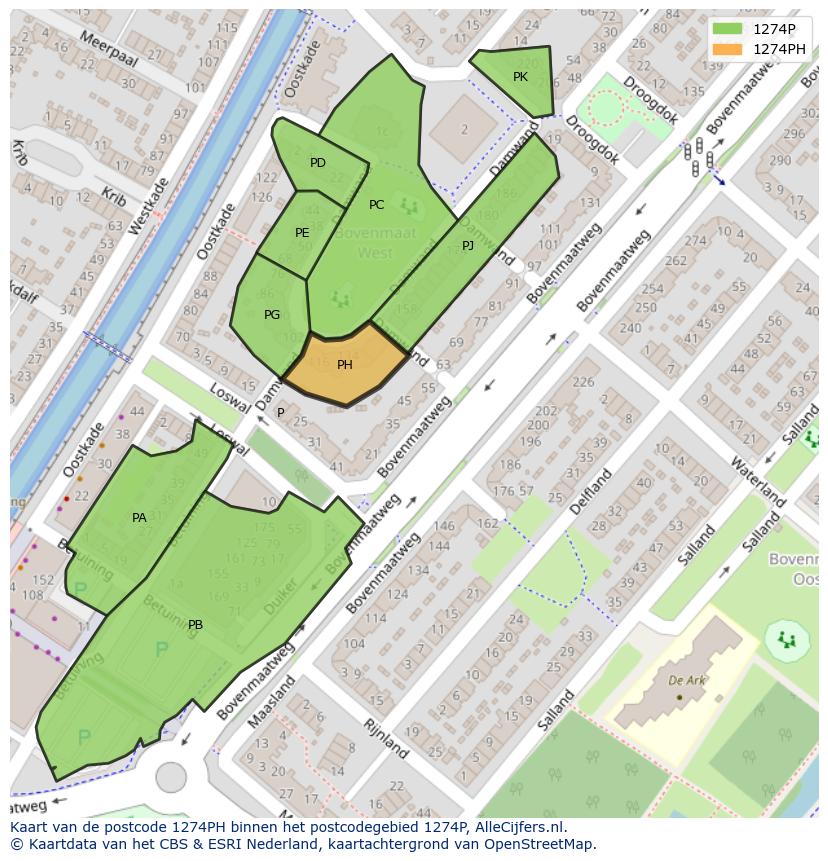 Afbeelding van het postcodegebied 1274 PH op de kaart.