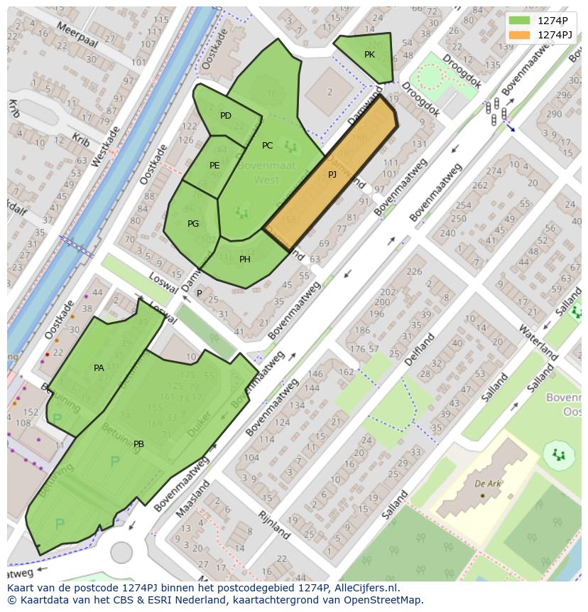 Afbeelding van het postcodegebied 1274 PJ op de kaart.